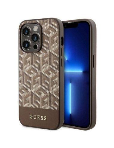 Véritable GUESS Case GUHMP14LHGCFSEW pour iPhone 14 PRO (Compatible avec Magsafe GCUBE Stripes / marron)