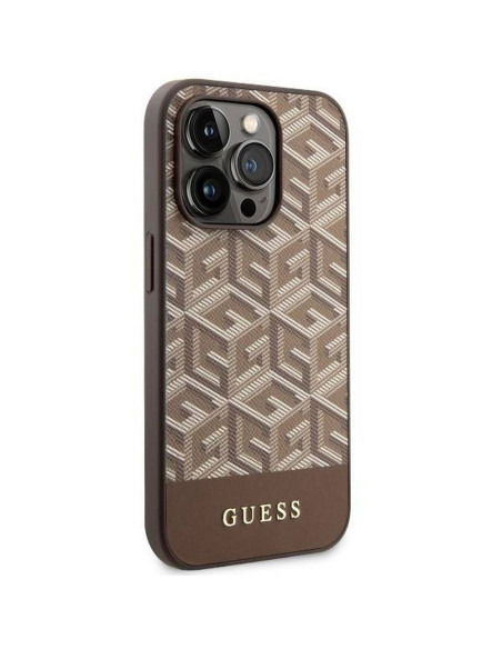 Véritable GUESS Case GUHMP14LHGCFSEW pour iPhone 14 PRO (Compatible avec Magsafe GCUBE Stripes / marron)