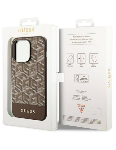 Véritable GUESS Case GUHMP14LHGCFSEW pour iPhone 14 PRO (Compatible avec Magsafe GCUBE Stripes / marron)