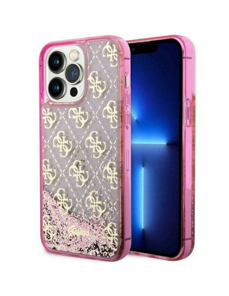 Véritable GUESS Case GUHCP14LLC4PSGP pour iPhone 14 PRO (Liquid Glitter 4G Translucent / Pink)