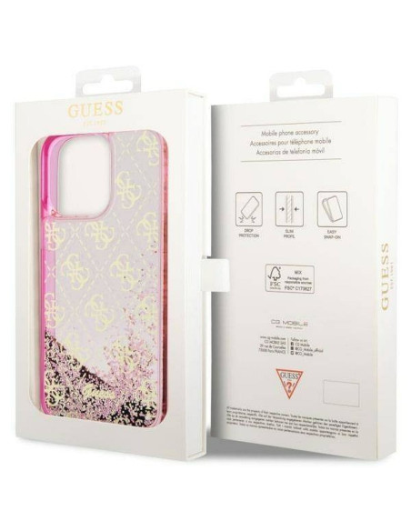 Véritable GUESS Case GUHCP14LLC4PSGP pour iPhone 14 PRO (Liquid Glitter 4G Translucent / Pink)