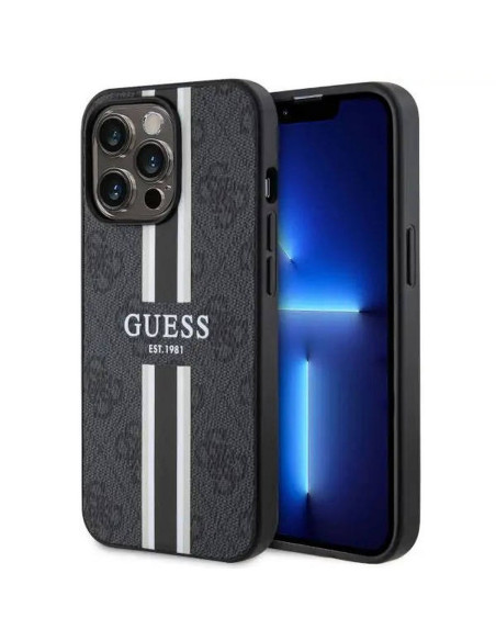Véritable GUESS Case GUHMP13LP4RPSK pour iPhone 13 PRO (Compatible avec Magsafe 4G Rayures imprimées / noir)
