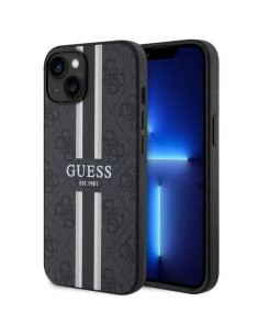 Véritable GUESS Case GUHMP14SP4RPSK pour iPhone 14 (Compatible avec Magsafe 4G Rayures imprimées / Noir)