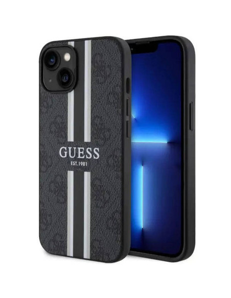 Véritable GUESS Case GUHMP14SP4RPSK pour iPhone 14 (Compatible avec Magsafe 4G Rayures imprimées / Noir)