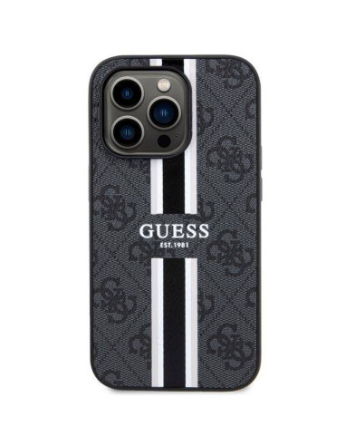 Véritable GUESS Case GUHMP14LP4RPSK pour iPhone 14 PRO (Compatible avec Magsafe 4G Rayures imprimées / noir)