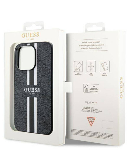 Véritable GUESS Case GUHMP14LP4RPSK pour iPhone 14 PRO (Compatible avec Magsafe 4G Rayures imprimées / noir)
