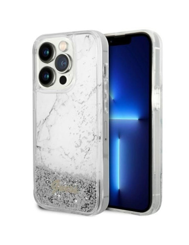 GUESS Coque pour IPHONE 14 Pro GUHCP14LLCSGSGH (Liquid Glitter Marble) blanc