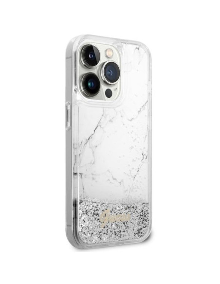 GUESS Coque pour IPHONE 14 Pro GUHCP14LLCSGSGH (Liquid Glitter Marble) blanc