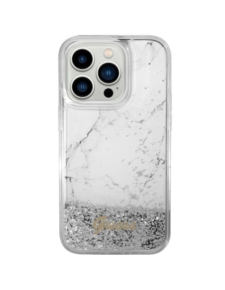 GUESS Coque pour IPHONE 14 Pro GUHCP14LLCSGSGH (Liquid Glitter Marble) blanc