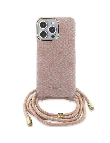 Véritable GUESS Case GUHCP15LHC4SEP pour iPhone 15 Pro (Crossbody Cord 4G Print / Pink)