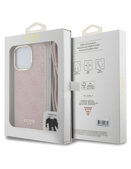 Véritable GUESS Case GUHCP15LHC4SEP pour iPhone 15 Pro (Crossbody Cord 4G Print / Pink)