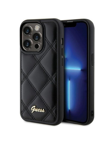 Véritable GUESS Case GUHCP15LPSQSQSK pour iPhone 15 Pro (Quilted Metal Logo / Black)