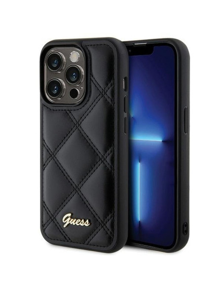 Véritable GUESS Case GUHCP15LPSQSQSK pour iPhone 15 Pro (Quilted Metal Logo / Black)