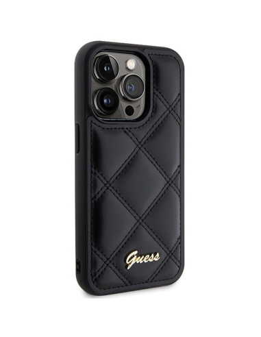 Véritable GUESS Case GUHCP15LPSQSQSK pour iPhone 15 Pro (Quilted Metal Logo / Black)