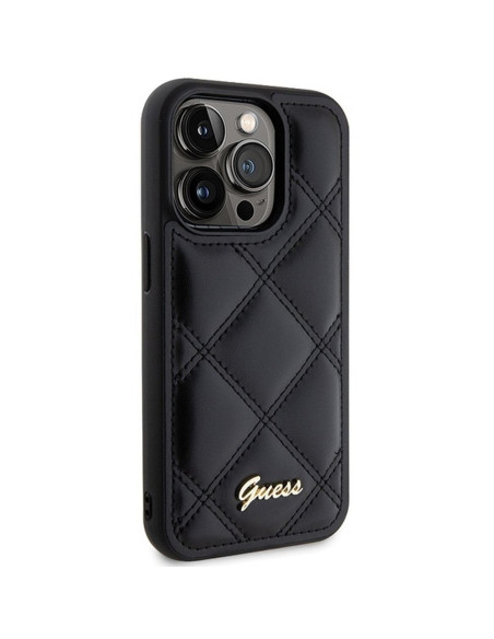 Véritable GUESS Case GUHCP15LPSQSQSK pour iPhone 15 Pro (Quilted Metal Logo / Black)