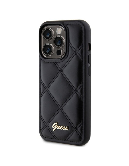 Véritable GUESS Case GUHCP15LPSQSQSK pour iPhone 15 Pro (Quilted Metal Logo / Black)