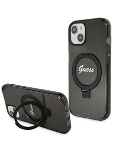 Véritable GUESS Case GUHMP15SHRSGSK pour iPhone 15 (Compatible avec Magsafe / Glitter Script Logo / Ring stand / noir)