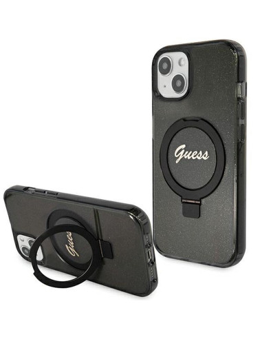 Véritable GUESS Case GUHMP15SHRSGSK pour iPhone 15 (Compatible avec Magsafe / Glitter Script Logo / Ring stand / noir)
