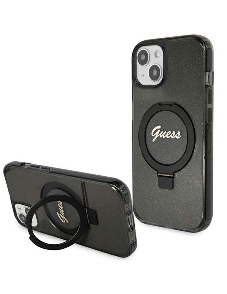 Véritable GUESS Case GUHMP15SHRSGSK pour iPhone 15 (Compatible avec Magsafe / Glitter Script Logo / Ring stand / noir)