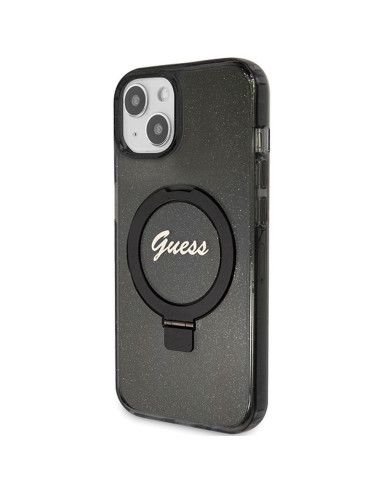 Véritable GUESS Case GUHMP15SHRSGSK pour iPhone 15 (Compatible avec Magsafe / Glitter Script Logo / Ring stand / noir)