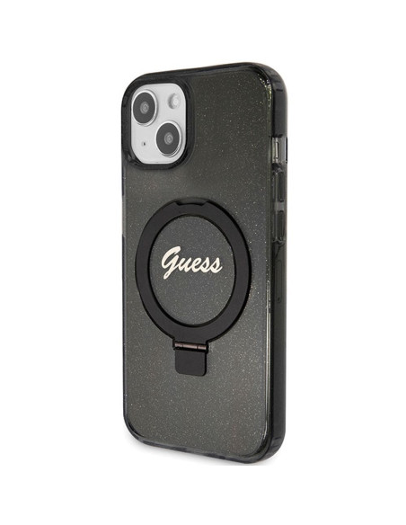 Véritable GUESS Case GUHMP15SHRSGSK pour iPhone 15 (Compatible avec Magsafe / Glitter Script Logo / Ring stand / noir)