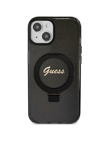 Véritable GUESS Case GUHMP15SHRSGSK pour iPhone 15 (Compatible avec Magsafe / Glitter Script Logo / Ring stand / noir)