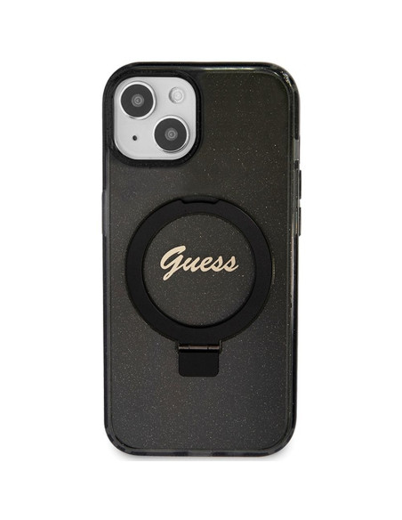 Véritable GUESS Case GUHMP15SHRSGSK pour iPhone 15 (Compatible avec Magsafe / Glitter Script Logo / Ring stand / noir)