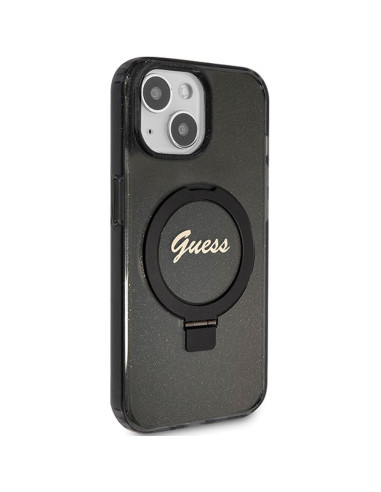 Véritable GUESS Case GUHMP15SHRSGSK pour iPhone 15 (Compatible avec Magsafe / Glitter Script Logo / Ring stand / noir)