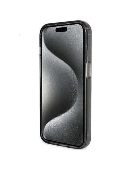 Véritable GUESS Case GUHMP15SHRSGSK pour iPhone 15 (Compatible avec Magsafe / Glitter Script Logo / Ring stand / noir)