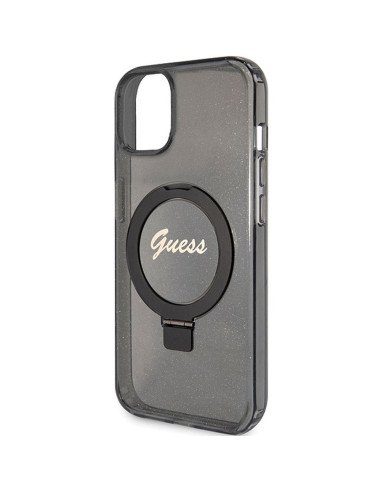 Véritable GUESS Case GUHMP15SHRSGSK pour iPhone 15 (Compatible avec Magsafe / Glitter Script Logo / Ring stand / noir)