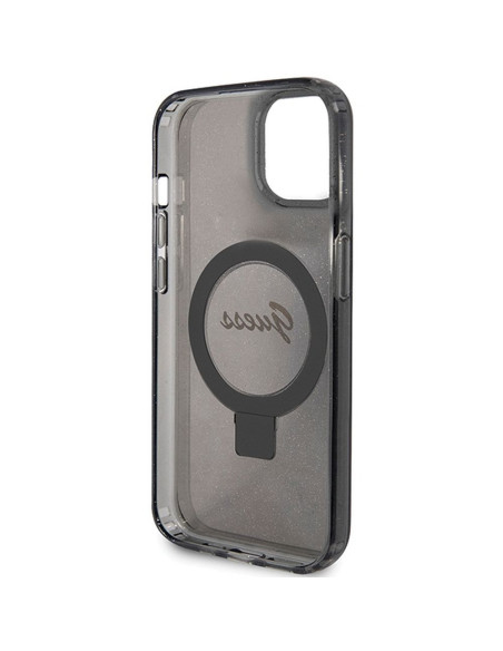 Véritable GUESS Case GUHMP15SHRSGSK pour iPhone 15 (Compatible avec Magsafe / Glitter Script Logo / Ring stand / noir)