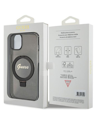 Véritable GUESS Case GUHMP15SHRSGSK pour iPhone 15 (Compatible avec Magsafe / Glitter Script Logo / Ring stand / noir)
