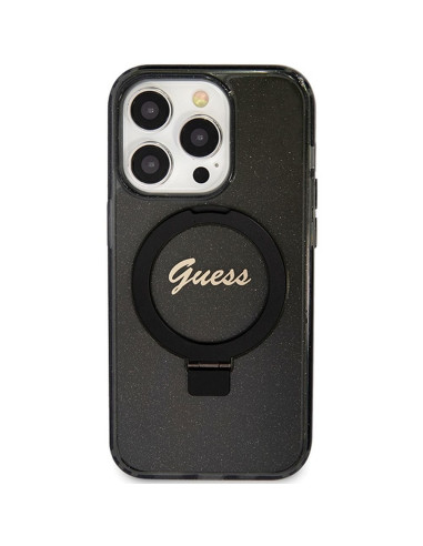 Véritable Case GUESS GUHMP15LHRSGSK pour iPhone 15 Pro (Compatible avec Magsafe / Glitter Script Logo / Ring stand / noir)