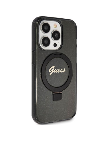 Véritable Case GUESS GUHMP15LHRSGSK pour iPhone 15 Pro (Compatible avec Magsafe / Glitter Script Logo / Ring stand / noir)