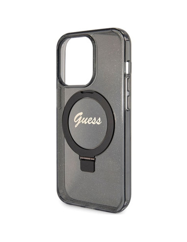 Véritable Case GUESS GUHMP15LHRSGSK pour iPhone 15 Pro (Compatible avec Magsafe / Glitter Script Logo / Ring stand / noir)