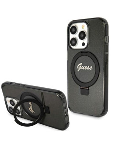 Véritable Case GUESS GUHMP15XHRSGSK pour iPhone 15 Pro Max (Compatible avec Magsafe / Glitter Script Logo / Ring stand / noir)