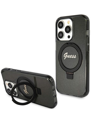 Véritable Case GUESS GUHMP15XHRSGSK pour iPhone 15 Pro Max (Compatible avec Magsafe / Glitter Script Logo / Ring stand / noir)