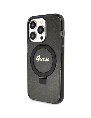 Véritable Case GUESS GUHMP15XHRSGSK pour iPhone 15 Pro Max (Compatible avec Magsafe / Glitter Script Logo / Ring stand / noir)