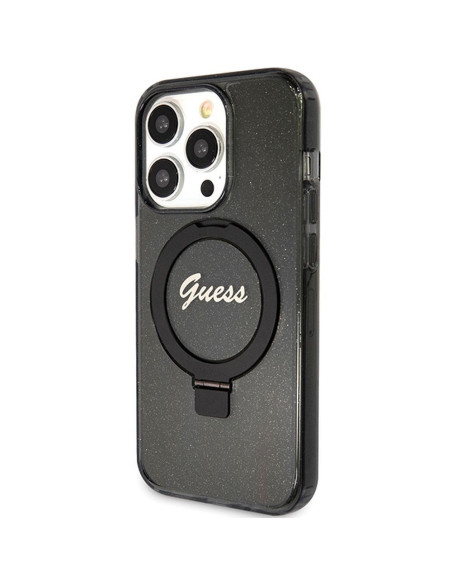 Véritable Case GUESS GUHMP15XHRSGSK pour iPhone 15 Pro Max (Compatible avec Magsafe / Glitter Script Logo / Ring stand / noir)