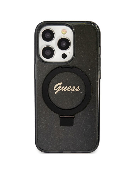 Véritable Case GUESS GUHMP15XHRSGSK pour iPhone 15 Pro Max (Compatible avec Magsafe / Glitter Script Logo / Ring stand / noir)