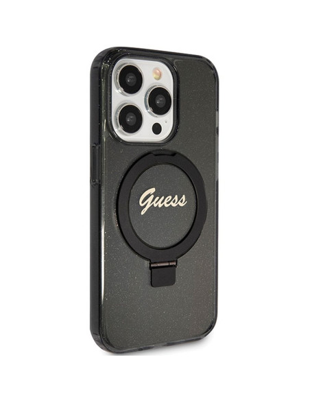 Véritable Case GUESS GUHMP15XHRSGSK pour iPhone 15 Pro Max (Compatible avec Magsafe / Glitter Script Logo / Ring stand / noir)