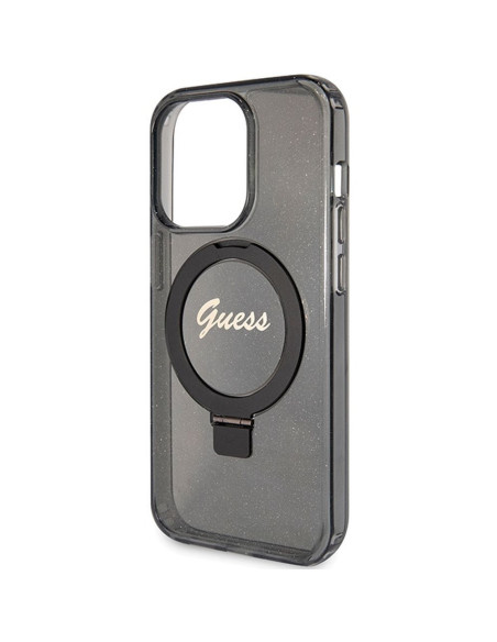 Véritable Case GUESS GUHMP15XHRSGSK pour iPhone 15 Pro Max (Compatible avec Magsafe / Glitter Script Logo / Ring stand / noir)
