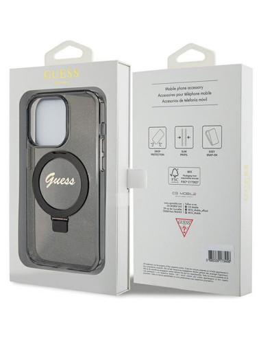 Véritable Case GUESS GUHMP15XHRSGSK pour iPhone 15 Pro Max (Compatible avec Magsafe / Glitter Script Logo / Ring stand / noir)