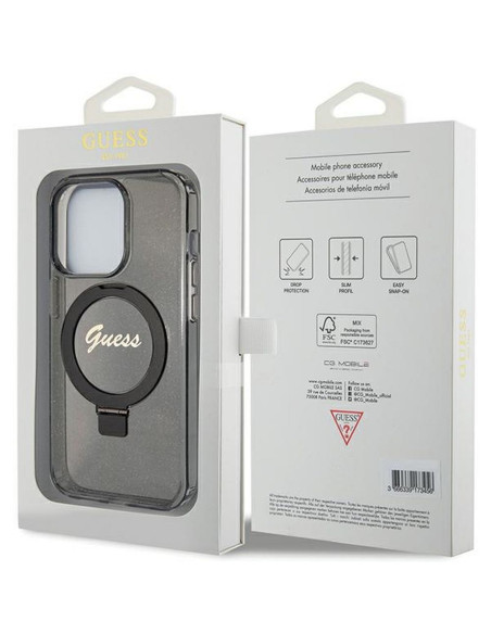 Véritable Case GUESS GUHMP15XHRSGSK pour iPhone 15 Pro Max (Compatible avec Magsafe / Glitter Script Logo / Ring stand / noir)