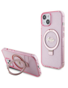 Véritable GUESS Case GUHMP15SHRSGSK pour iPhone 15 (Compatible avec Magsafe / Glitter Script Logo / Ring stand / pink)