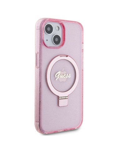 Véritable GUESS Case GUHMP15SHRSGSK pour iPhone 15 (Compatible avec Magsafe / Glitter Script Logo / Ring stand / pink)