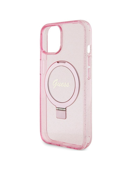 Véritable GUESS Case GUHMP15SHRSGSK pour iPhone 15 (Compatible avec Magsafe / Glitter Script Logo / Ring stand / pink)