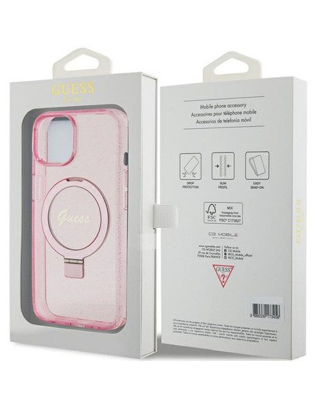 Véritable GUESS Case GUHMP15SHRSGSK pour iPhone 15 (Compatible avec Magsafe / Glitter Script Logo / Ring stand / pink)