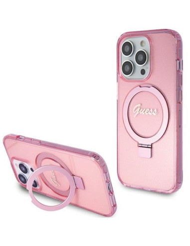 Véritable Case GUESS GUHMP15LHRSGSP pour iPhone 15 Pro (Compatible avec Magsafe / Glitter Script Logo / Ring stand / pink)