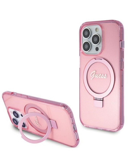 Véritable Case GUESS GUHMP15LHRSGSP pour iPhone 15 Pro (Compatible avec Magsafe / Glitter Script Logo / Ring stand / pink)